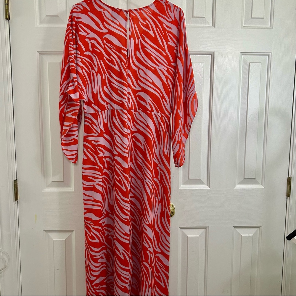 Cabi Saunter Dress Red & Lavender Maxi Empire Waist V-Neck Flutter Sleeve Sz S - Picture 7 of 16